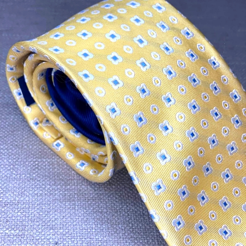 Tommy Hilfiger 100% silk yellow + blue Geometric necktie w/ decorative tipping - Picture 3 of 8
